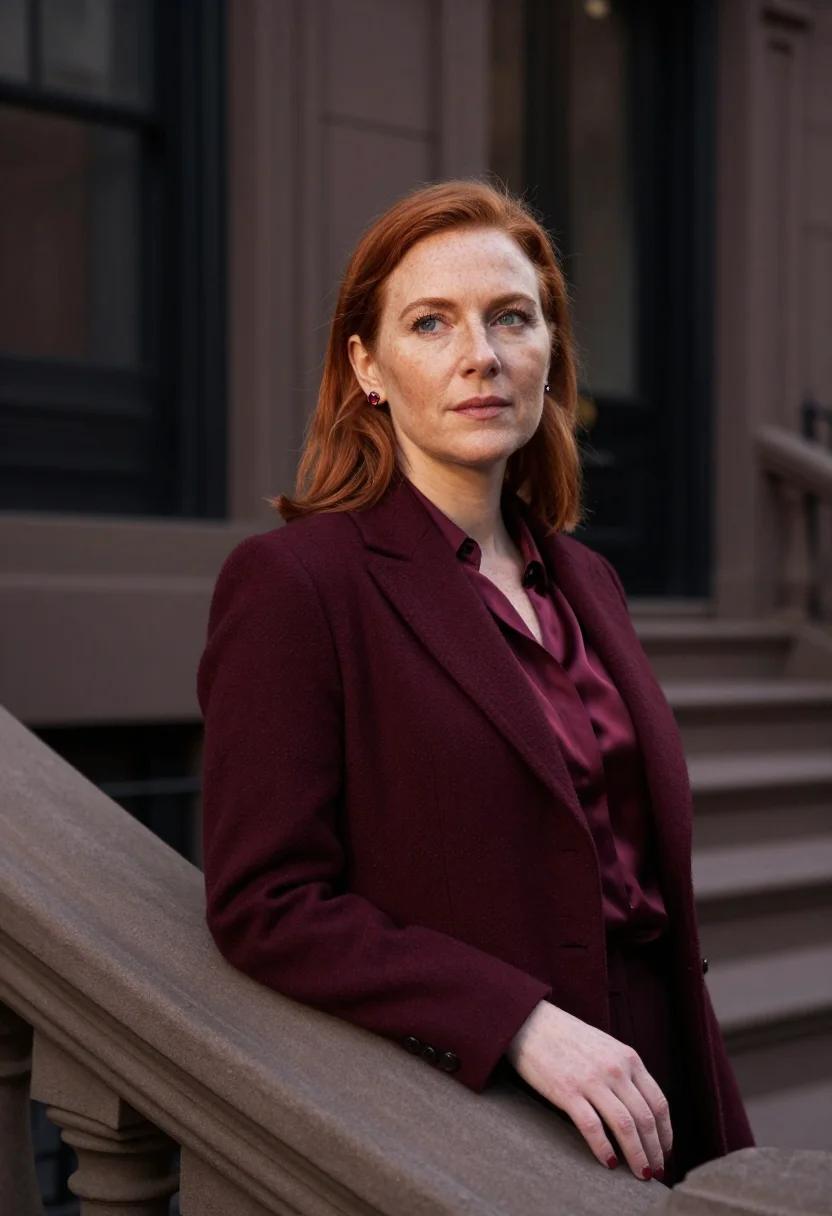 AI boston brownstone lawyer burgundy sample — portrait of a woman, chest-up portrait of an Irish-American