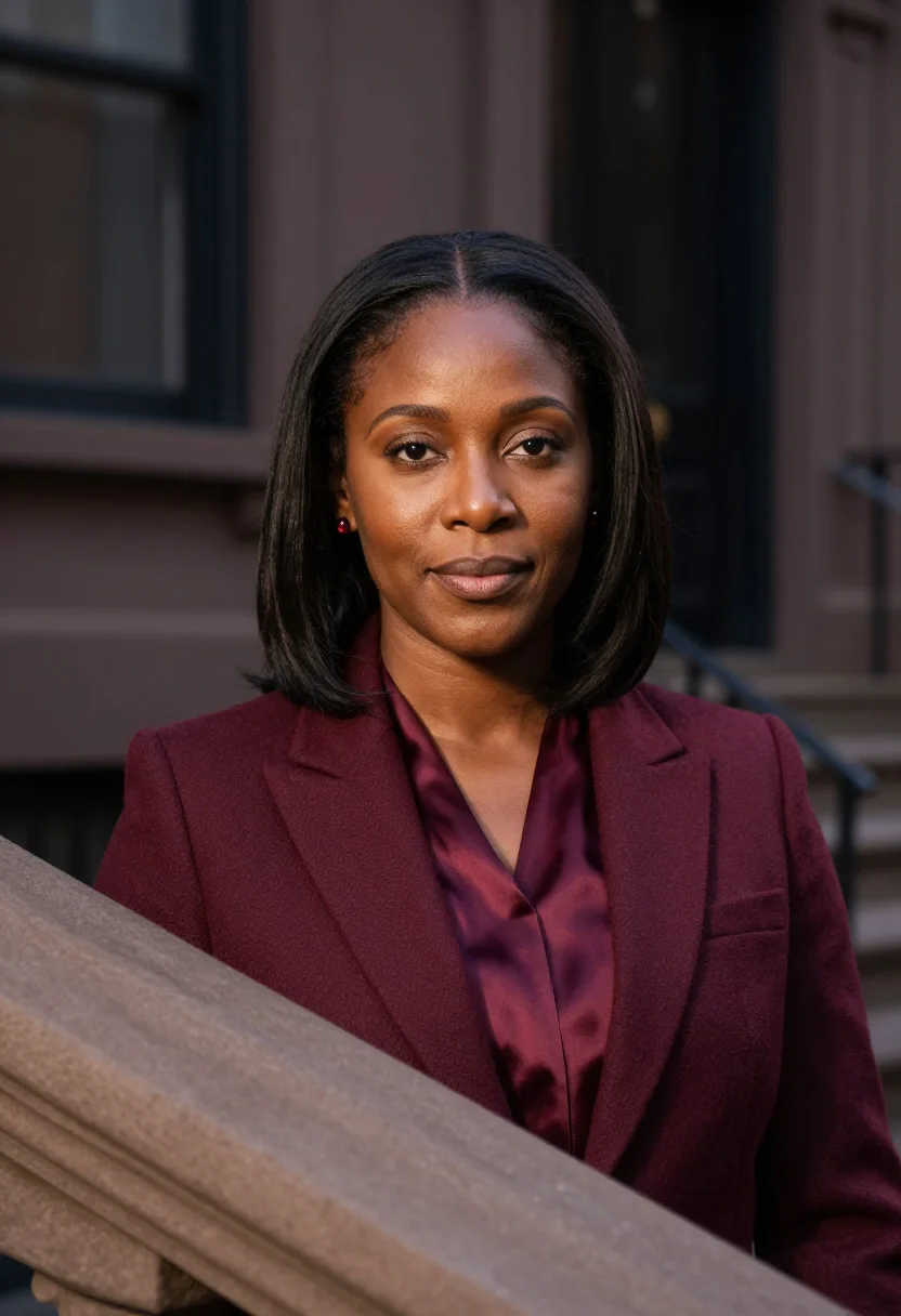 AI boston brownstone lawyer burgundy sample — portrait of a woman, close headshot of an African-American w