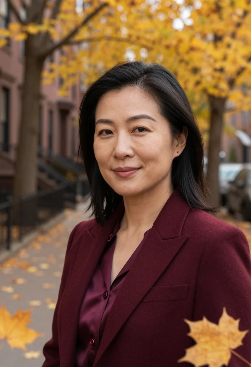 AI boston brownstone lawyer burgundy sample — portrait of a woman, close headshot of an East-Asian woman i