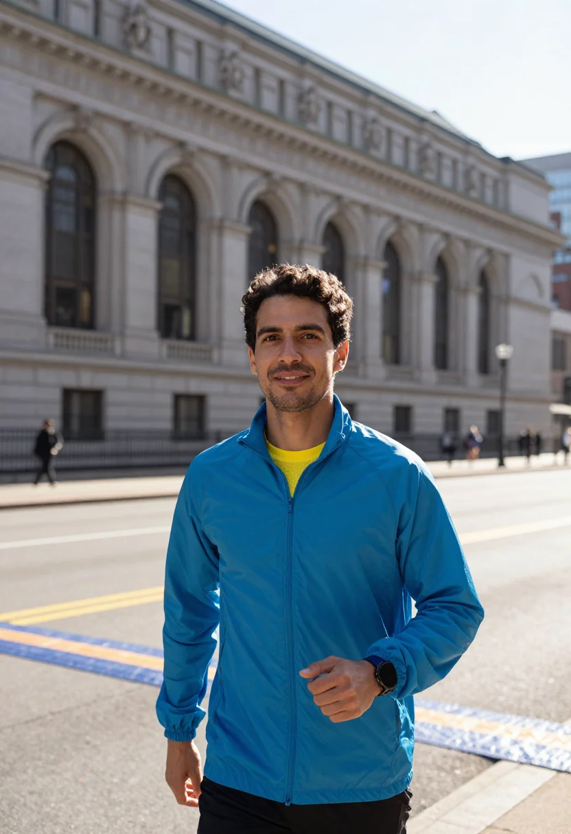 AI boston marathon coach blue yellow sample — portrait of a man, a Brazilian-American man in his thirties