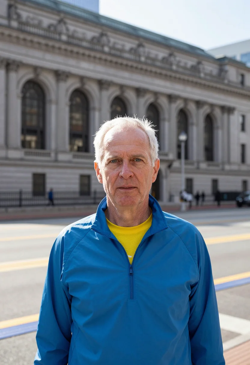 AI boston marathon coach blue yellow sample — portrait of a man, a man in his sixties with weathered fair