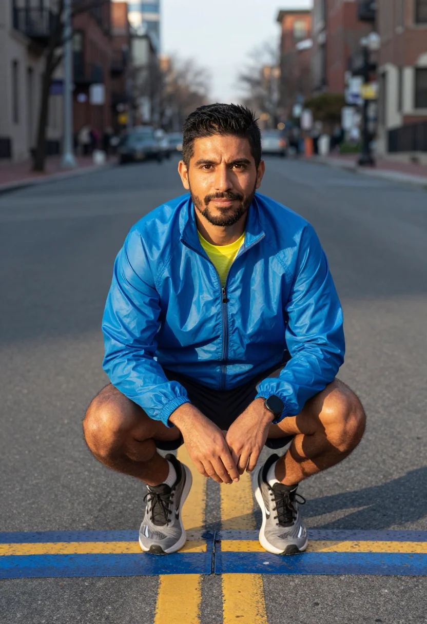 AI boston marathon coach blue yellow sample — portrait of a man, a Mexican-American man in his late thirti