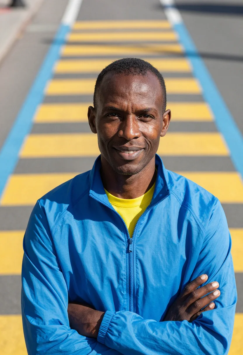AI boston marathon coach blue yellow sample — portrait of a man, a Kenyan-American man in his thirties wit