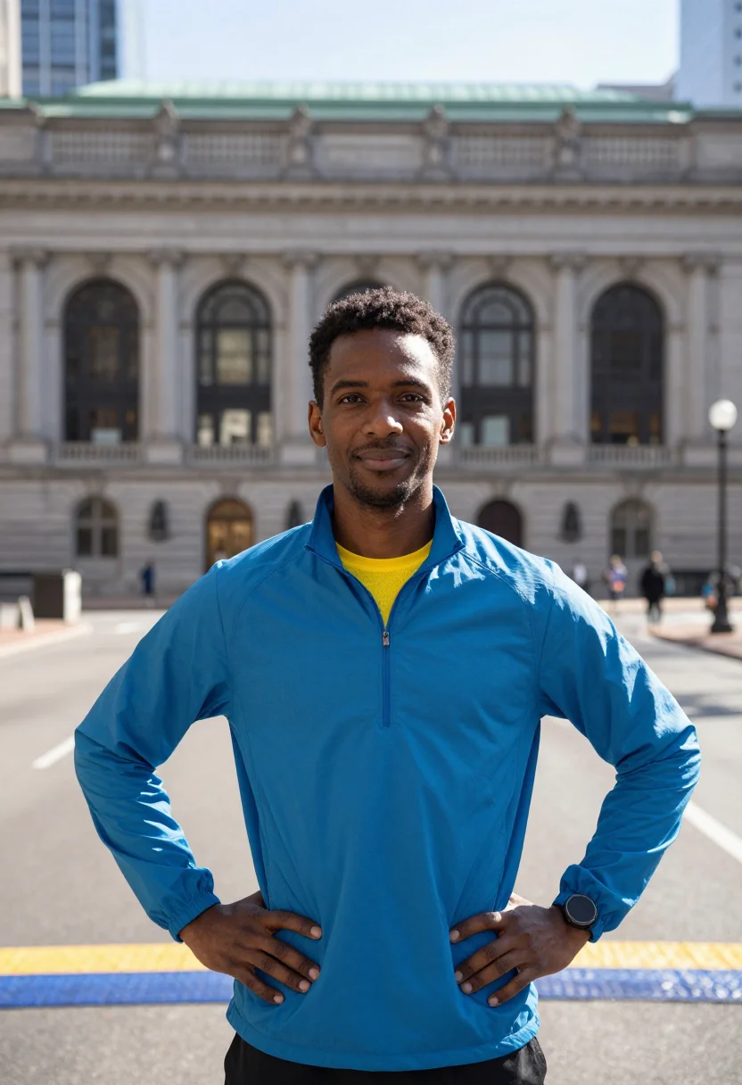 AI boston marathon coach blue yellow sample — portrait of a man, an Ethiopian-American man in his late twe