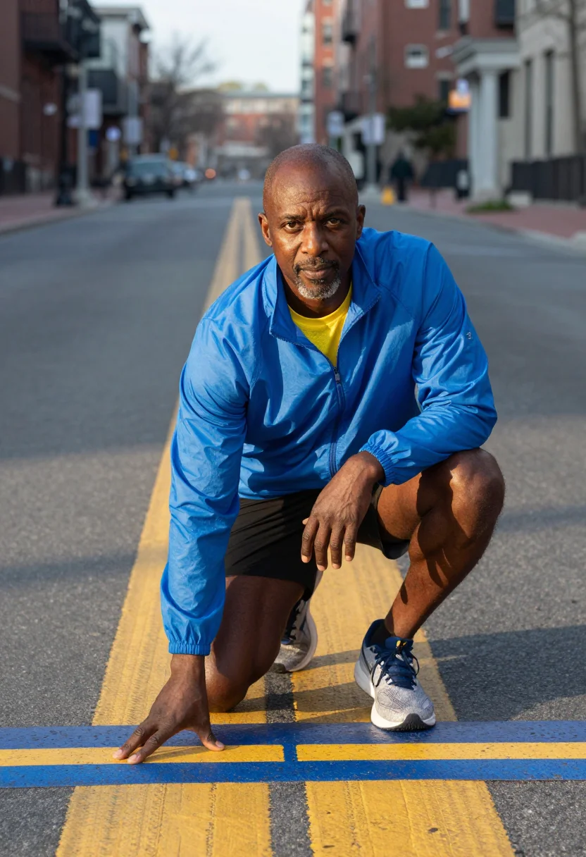 AI boston marathon coach blue yellow sample — portrait of a man, an African-American man in his fifties wi