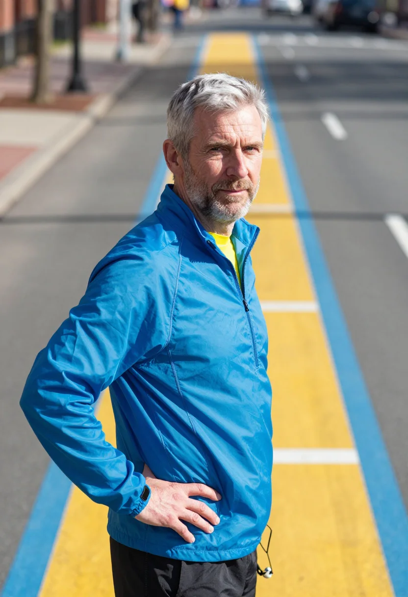 AI boston marathon coach blue yellow sample — portrait of a man, an Irish-American man in his fifties with