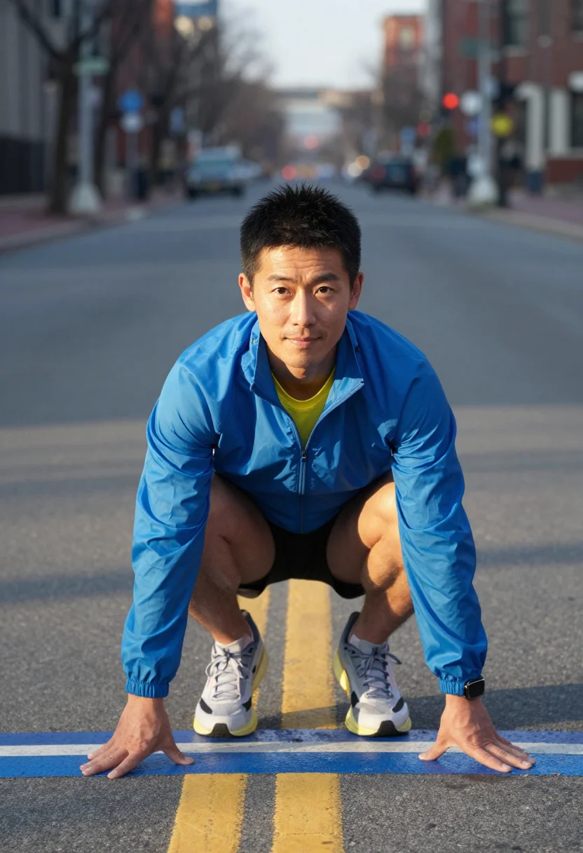 AI boston marathon coach blue yellow sample — portrait of a man, a Japanese-American man in his forties wi
