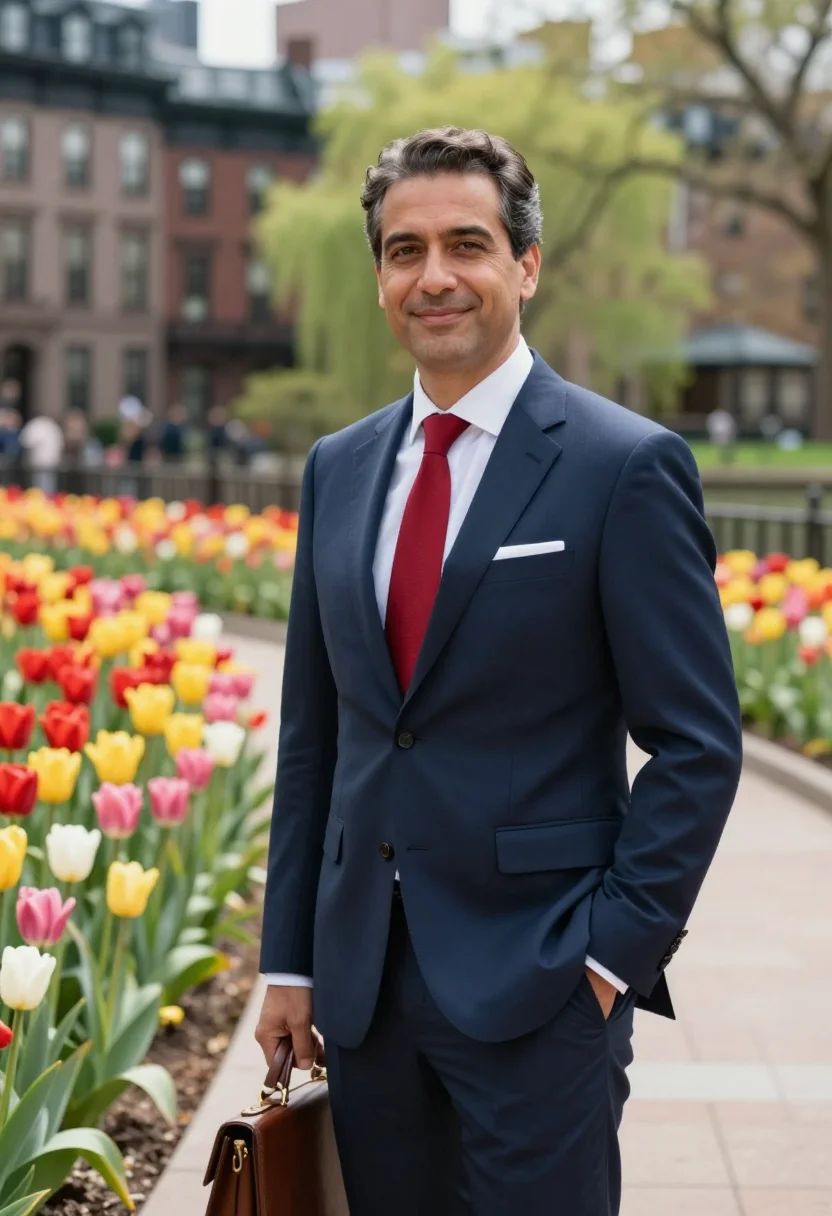 AI boston public garden tulips may palette sample — portrait of a man, an attorney in his mid-forties of Portugu