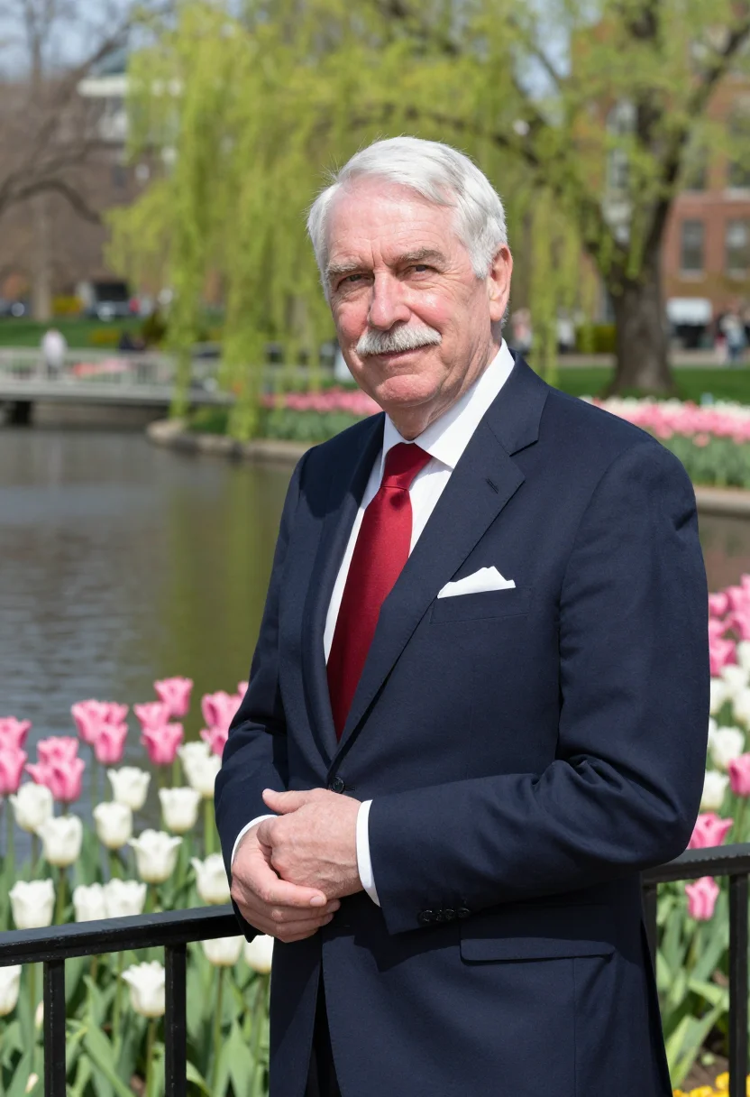 AI boston public garden tulips may palette sample — portrait of a man, a senior attorney in his early sixties of