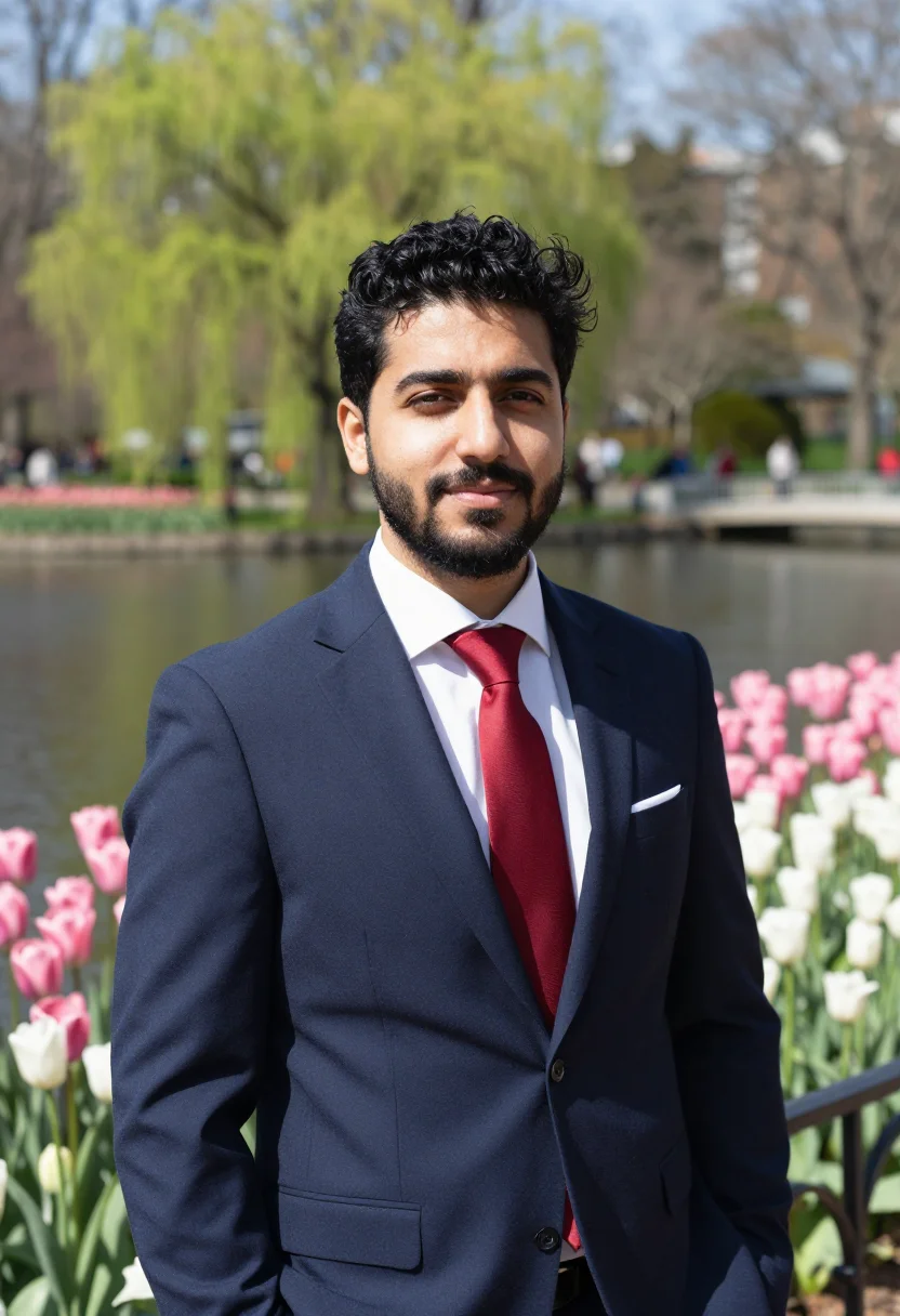 AI boston public garden tulips may palette sample — portrait of a man, an attorney in his early forties of Greek