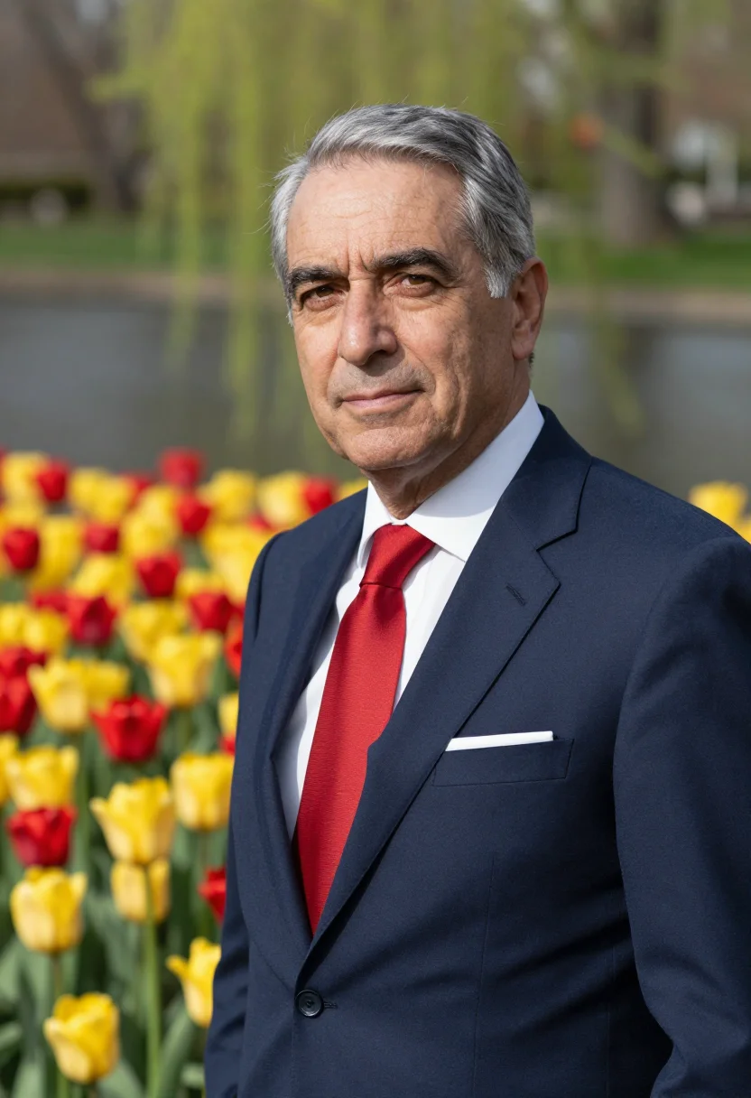 AI boston public garden tulips may palette sample — portrait of a man, a senior partner in his late fifties of I