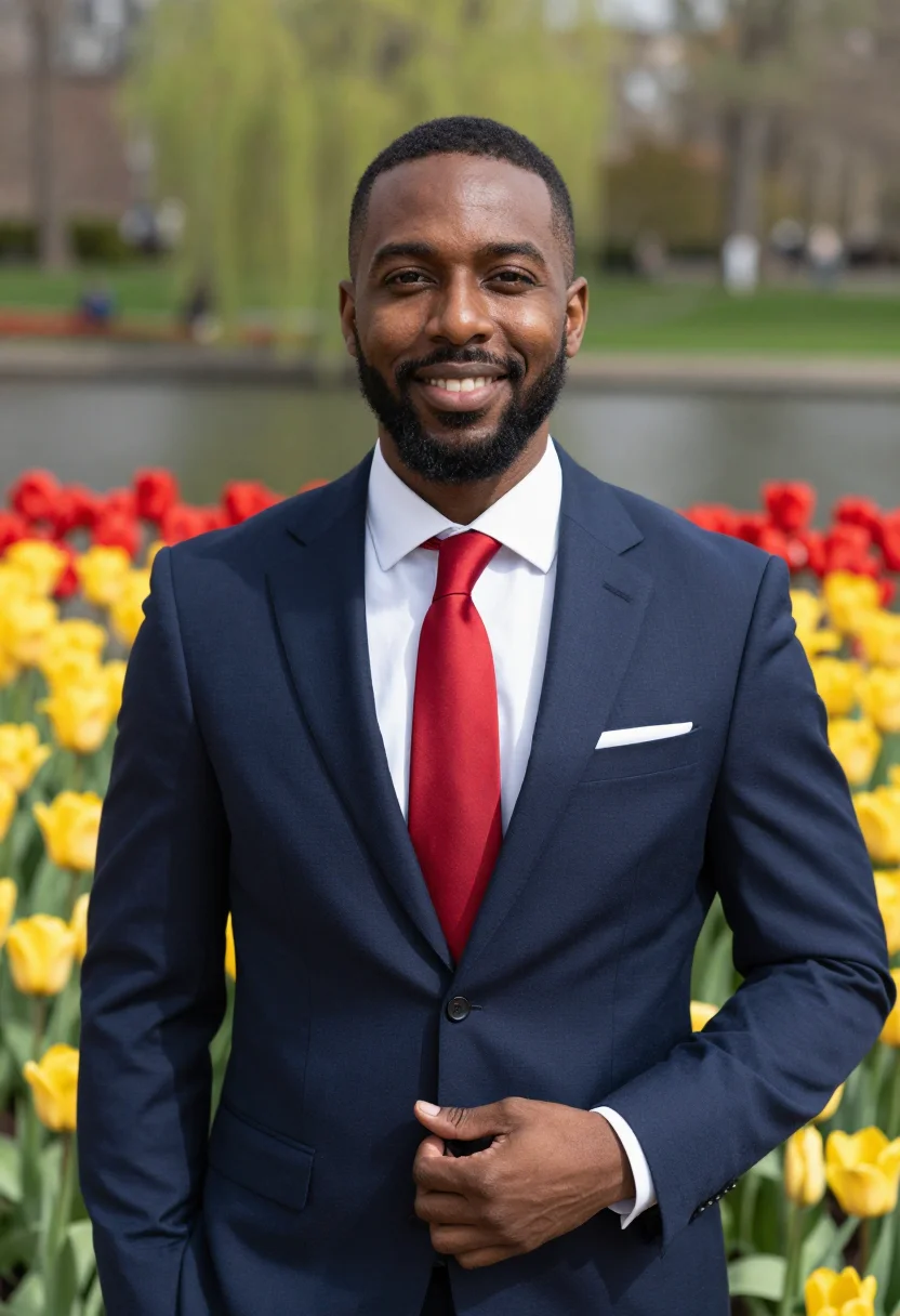 AI boston public garden tulips may palette sample — portrait of a man, an attorney in his late thirties of Afric