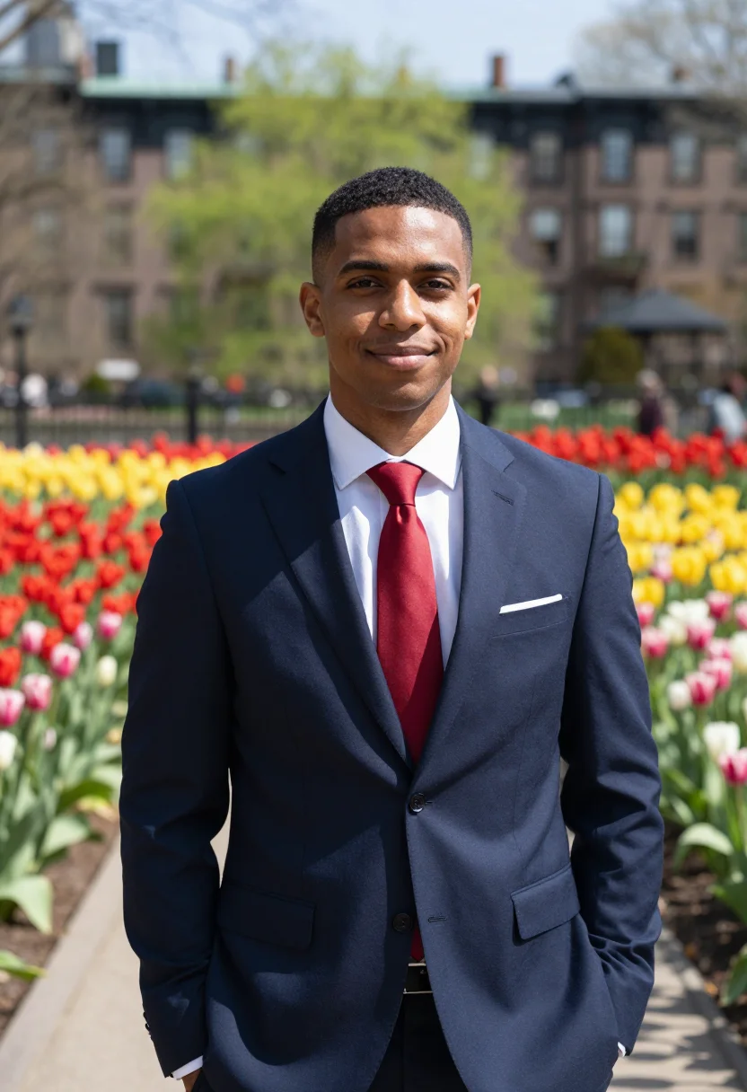 AI boston public garden tulips may palette sample — portrait of a man, a young attorney in his early thirties of