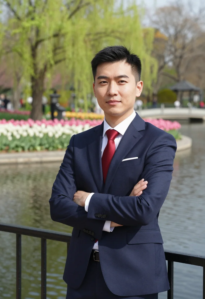 AI boston public garden tulips may palette sample — portrait of a man, an attorney in his mid-thirties of Chines
