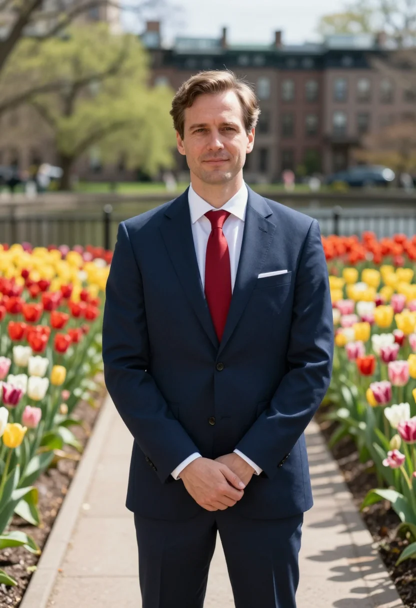 AI boston public garden tulips may palette sample — portrait of a man, an attorney in his early fifties of Germa
