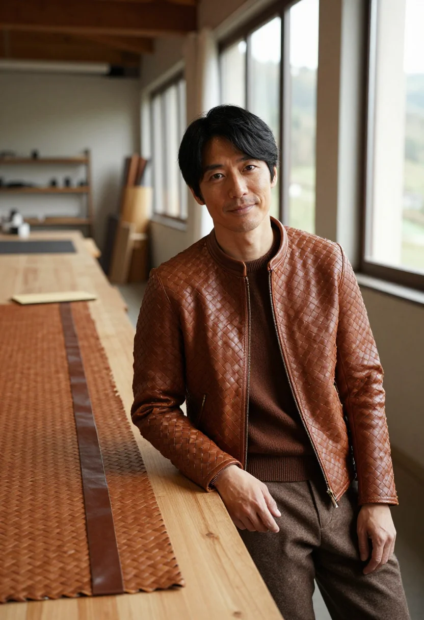 AI bottega veneta montebello intrecciato weave fondant men sample — portrait of a man, a Japanese man in his early forties with