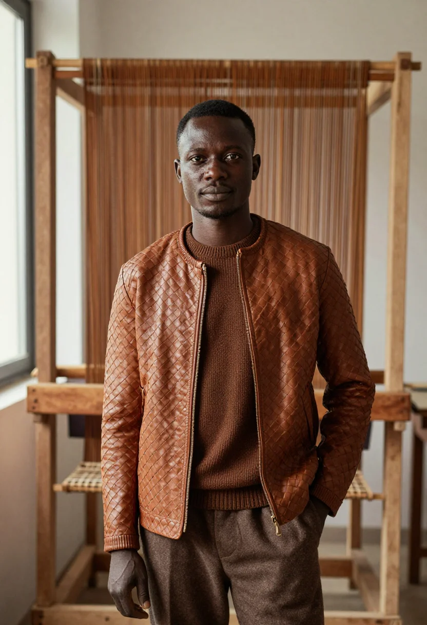 AI bottega veneta montebello intrecciato weave fondant men sample — portrait of a man, a Ghanaian man in his early thirties with