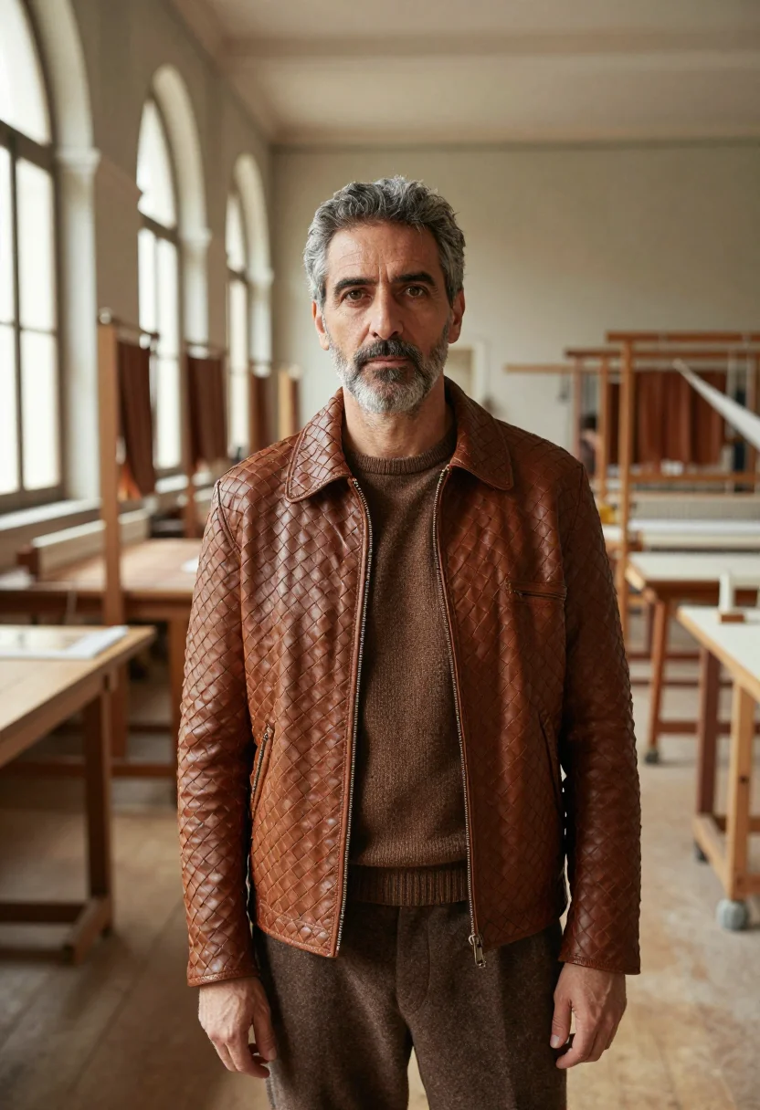AI bottega veneta montebello intrecciato weave fondant men sample — portrait of a man, a Venetian man in his early fifties with