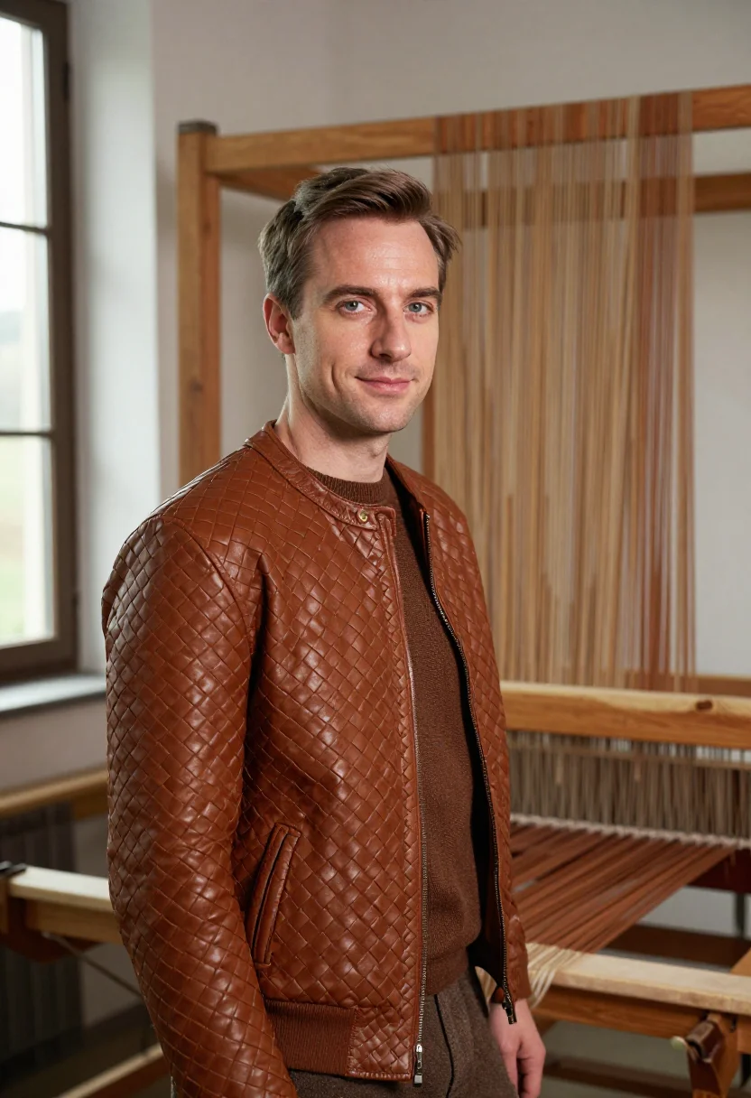 AI bottega veneta montebello intrecciato weave fondant men sample — portrait of a man, a French man in his early forties with fa