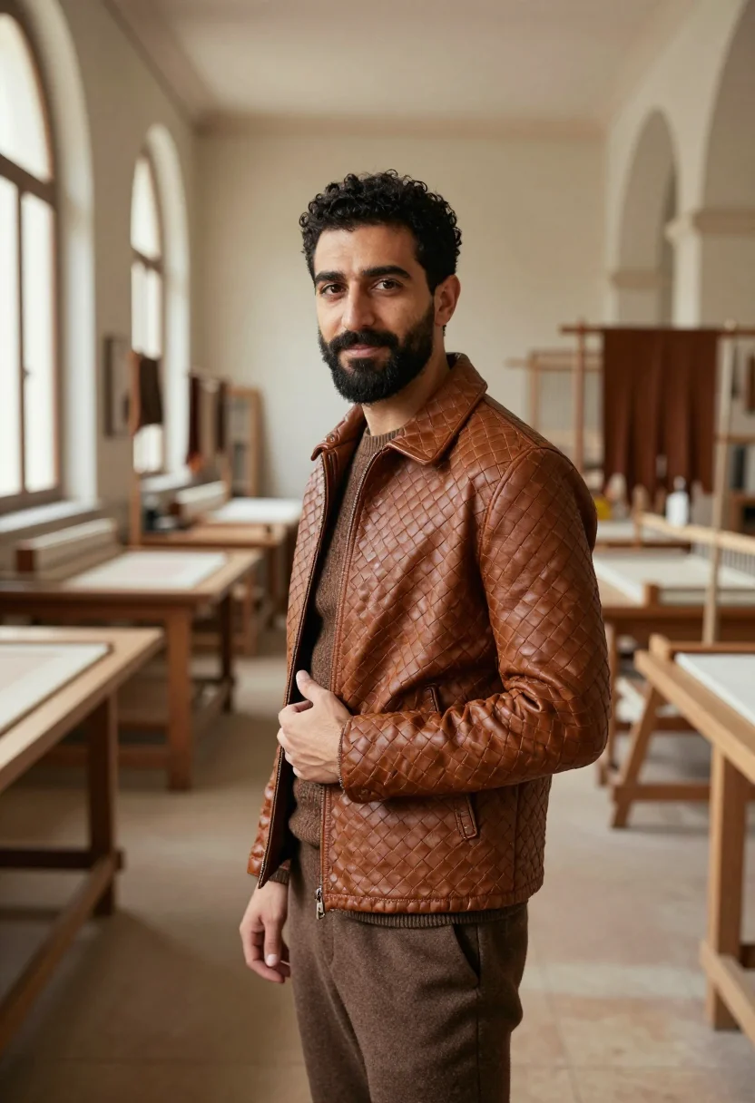 AI bottega veneta montebello intrecciato weave fondant men sample — portrait of a man, a Lebanese man in his late thirties with