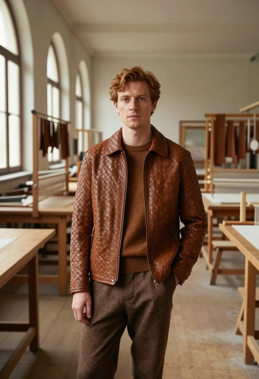 AI bottega veneta montebello intrecciato weave fondant men sample — portrait of a man, an Irish man in his early thirties with f