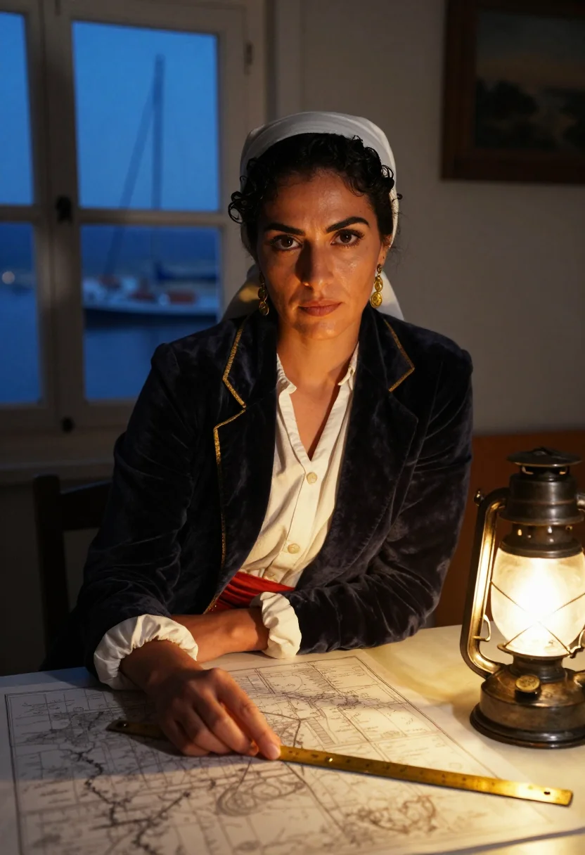 AI bouboulina sample — portrait of a woman, in her forties with olive skin, dark ey
