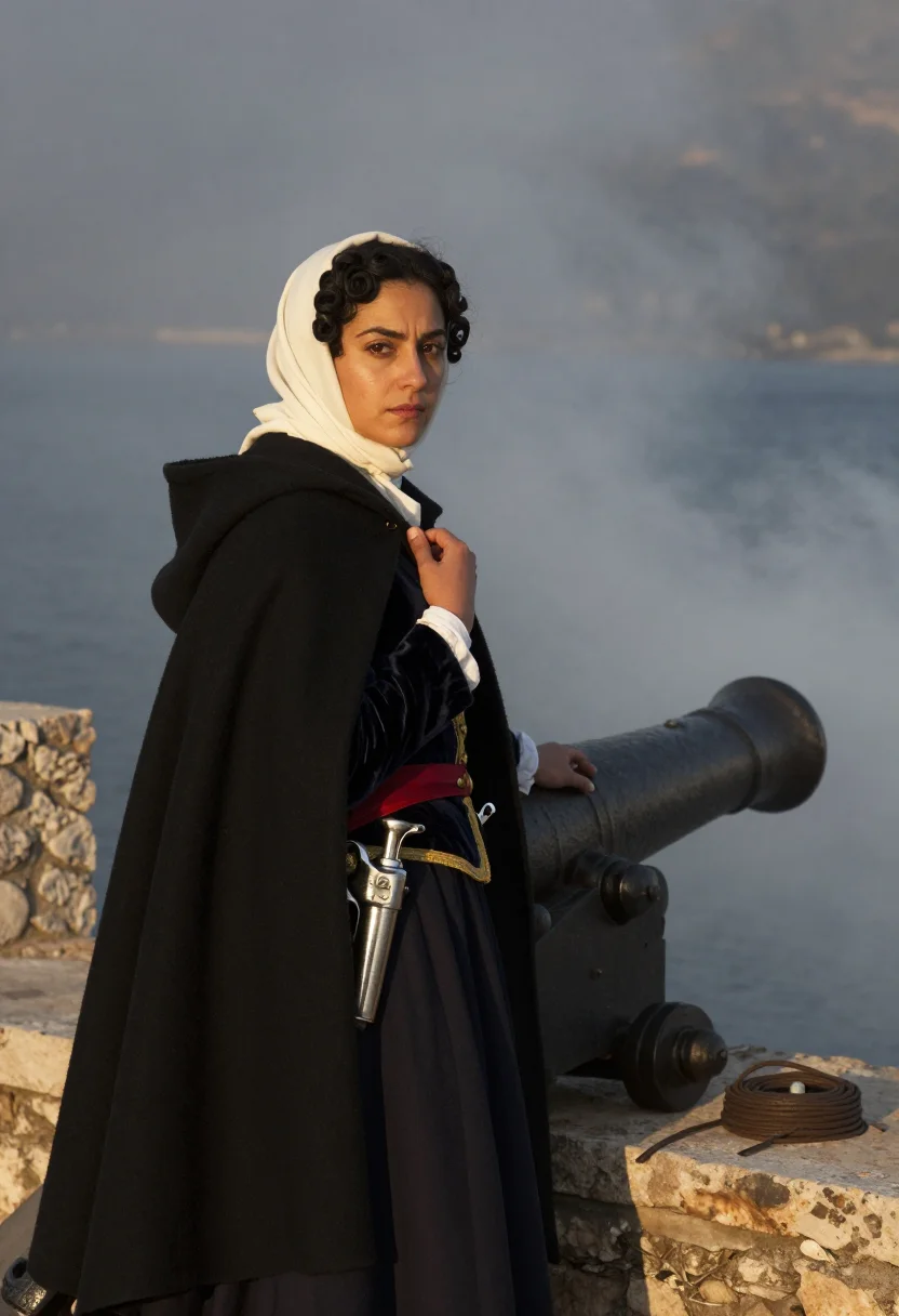 AI bouboulina sample — portrait of a woman, in her forties with olive skin, dark ey