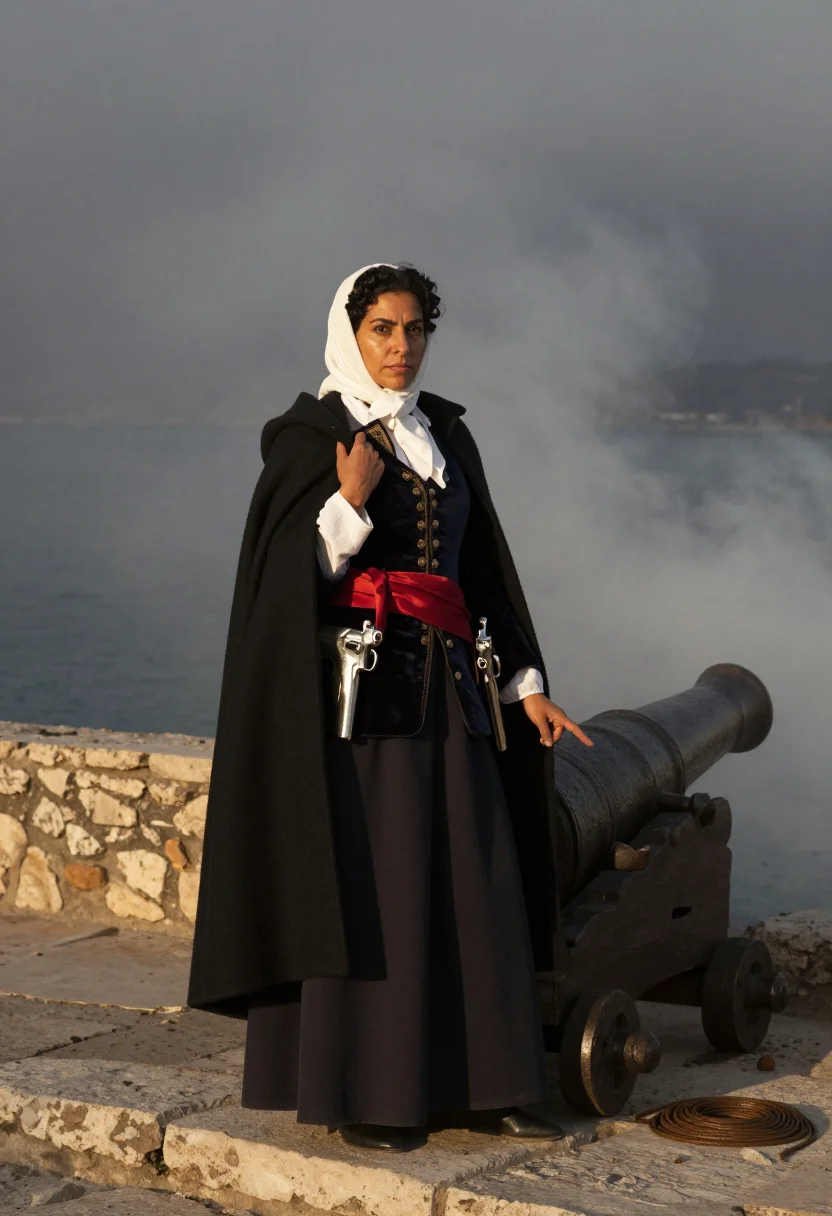 AI bouboulina sample — portrait of a woman, in her forties with olive skin, dark ey
