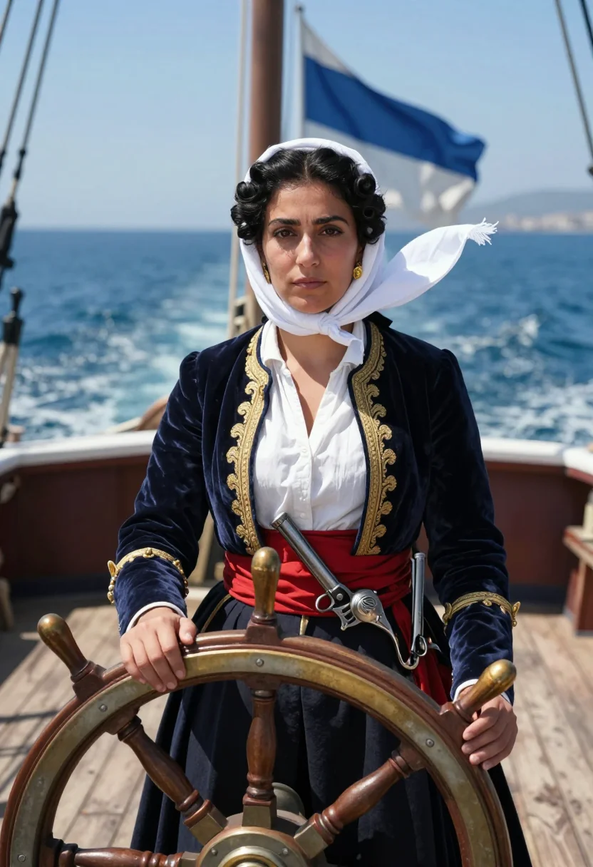 AI bouboulina sample — portrait of a woman, in her forties with olive skin, dark ey