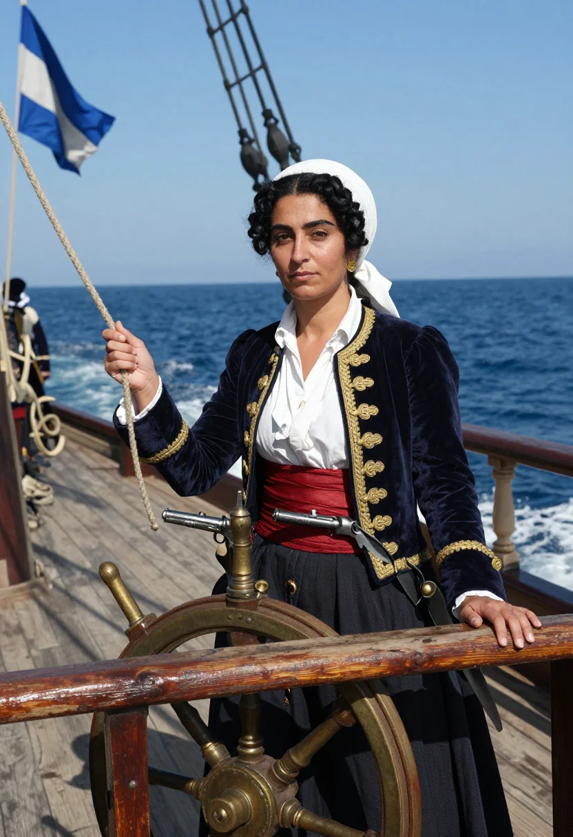 AI bouboulina sample — portrait of a woman, in her forties with olive skin, dark ey