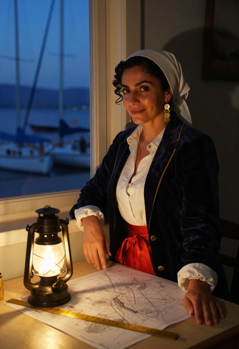 AI bouboulina sample — portrait of a woman, in her forties with olive skin, dark ey