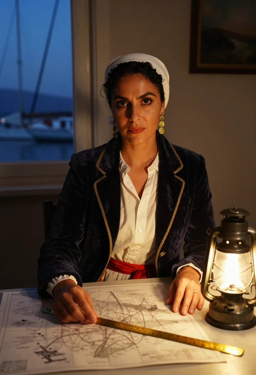 AI bouboulina sample — portrait of a woman, in her forties with olive skin, dark ey