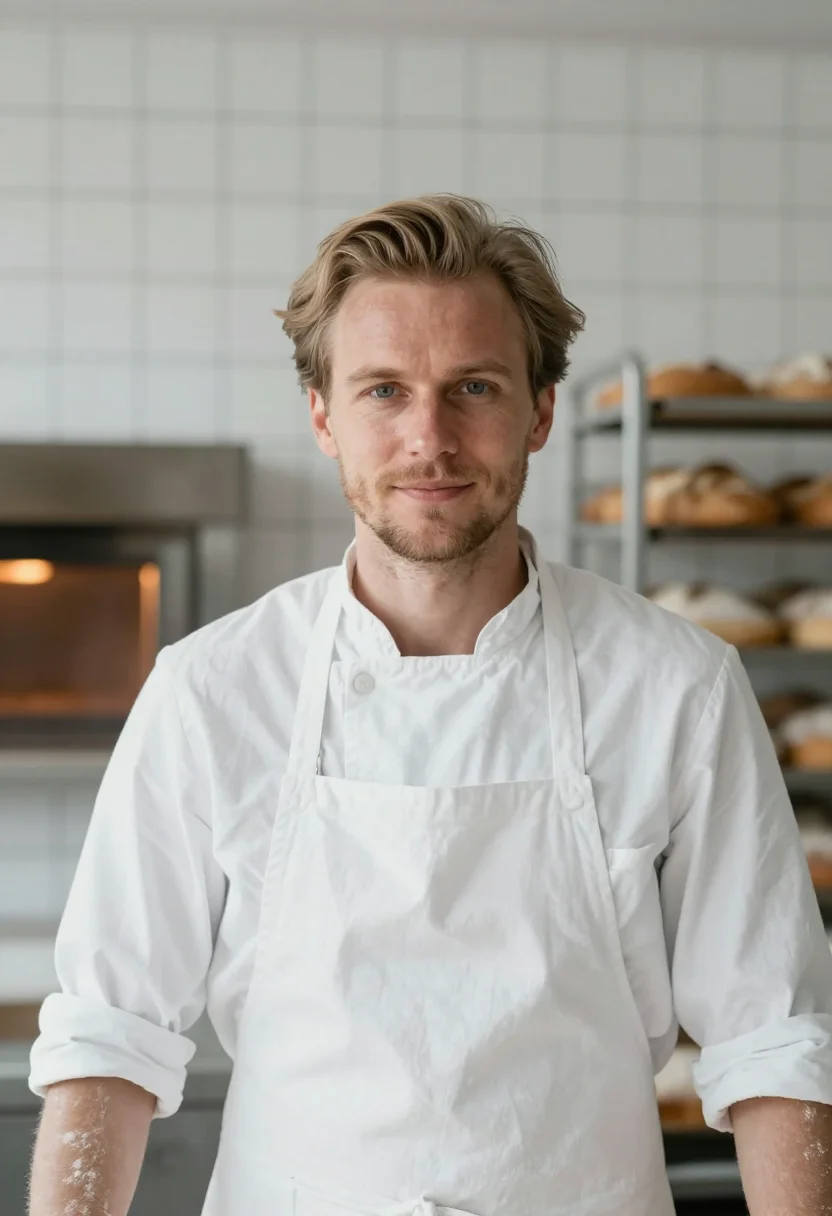 AI boulanger flour white sample — portrait of a man, framed tight on the head, the body close