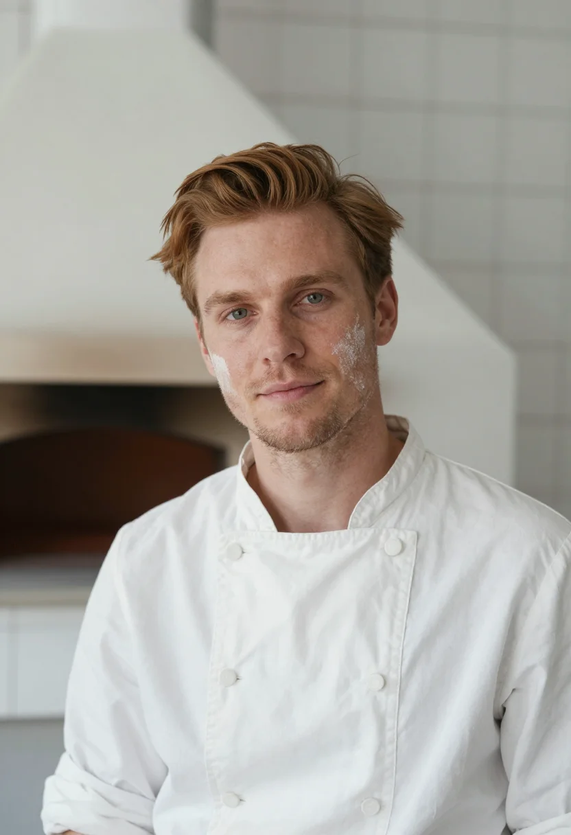 AI boulanger flour white sample — portrait of a man, framed tight on the head, the body close