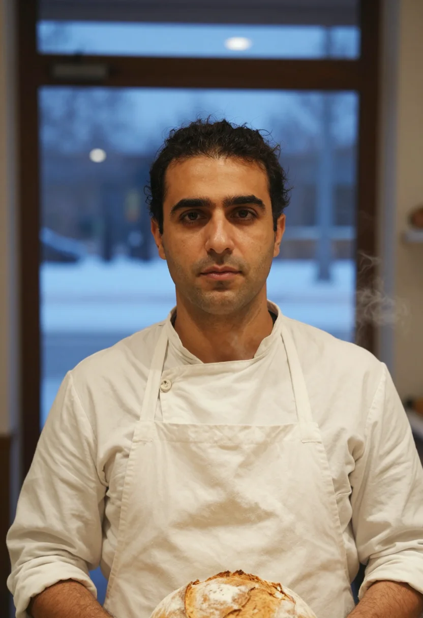 AI boulanger flour white sample — portrait of a man, framed tight on the head, the body close