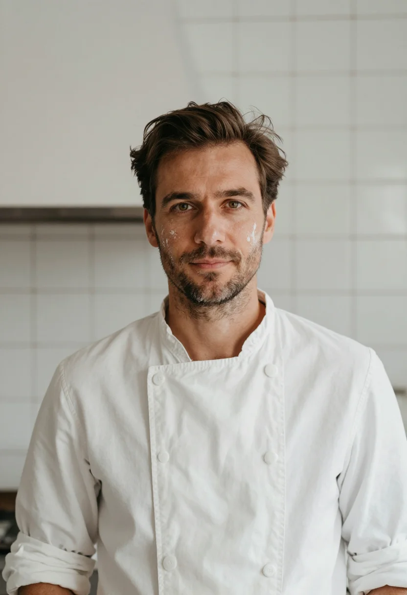 AI boulanger flour white sample — portrait of a man, framed chest-up from the ribs with the bo