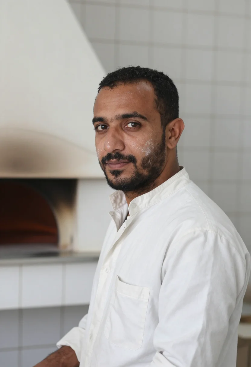 AI boulanger flour white sample — portrait of a man, framed head and shoulders, tighter, the b