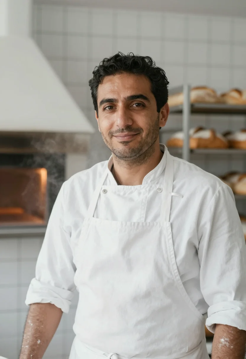 AI boulanger flour white sample — portrait of a man, framed head and shoulders, tighter, the b