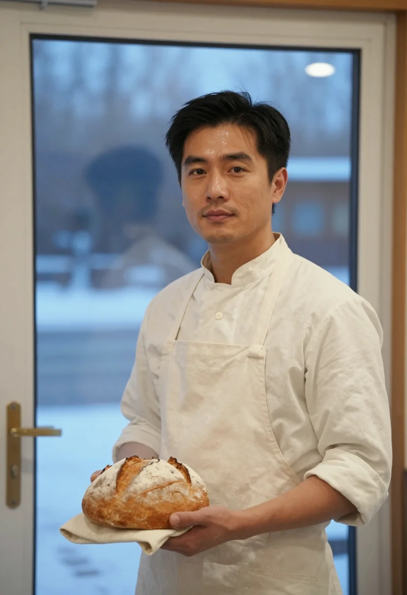 AI boulanger flour white sample — portrait of a man, framed chest-up from the ribs with the bo
