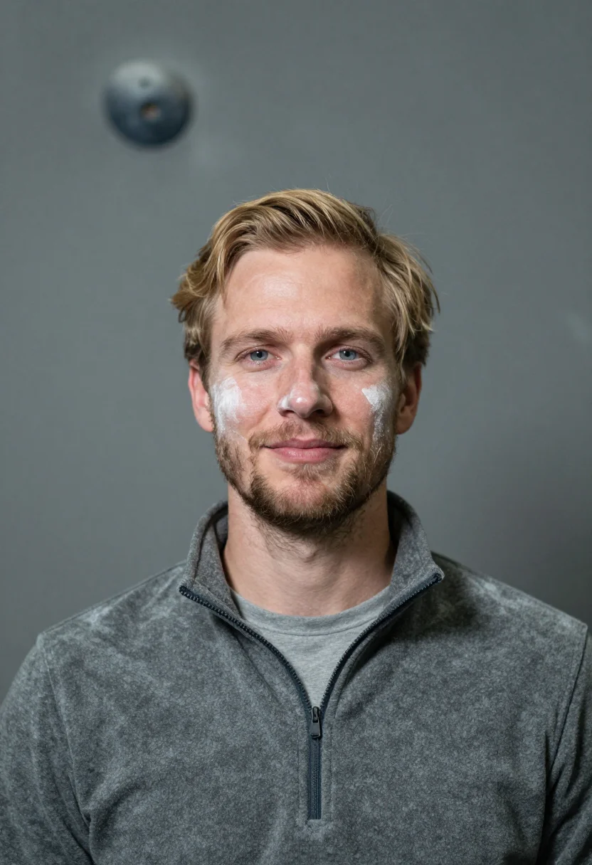 AI bouldering chalk slate sample — portrait of a man, framed head and shoulders, tighter, the b