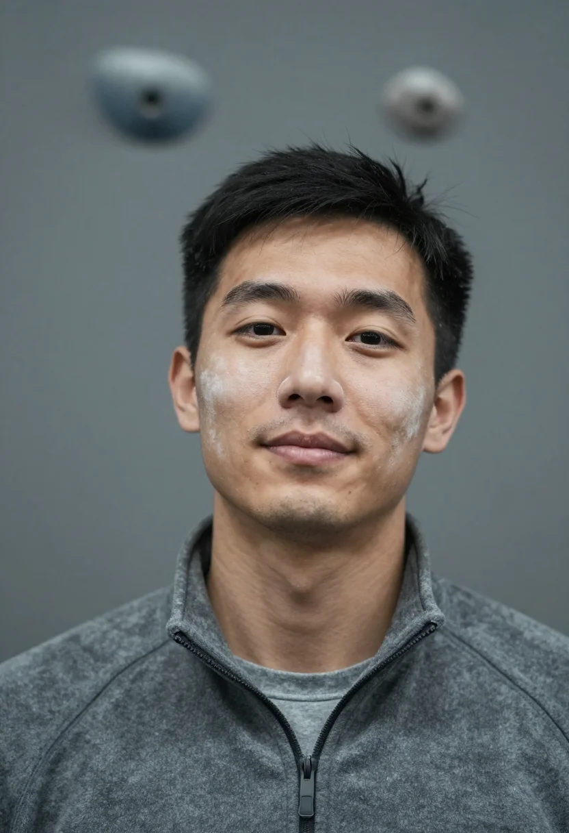 AI bouldering chalk slate sample — portrait of a man, framed tight on the face from the collarb