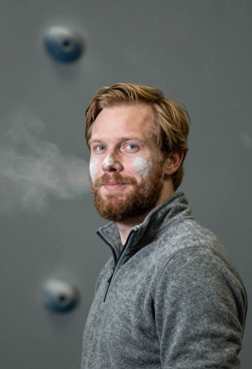 AI bouldering chalk slate sample — portrait of a man, framed head and shoulders, tighter, the b