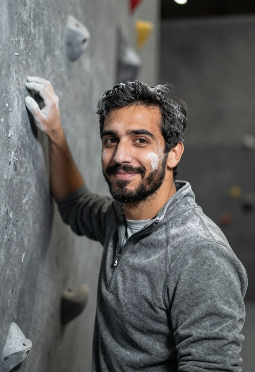 AI bouldering chalk slate sample — portrait of a man, framed head and shoulders, tighter, the b