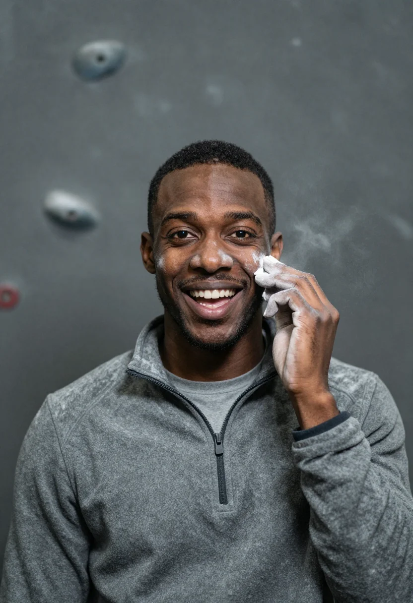 AI bouldering chalk slate sample — portrait of a man, framed chest-up from the ribs with the bo
