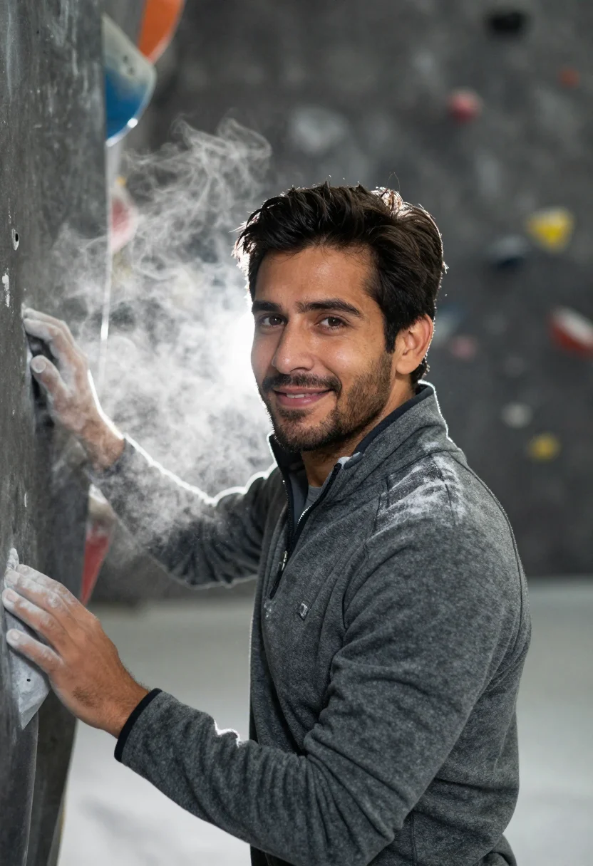 AI bouldering chalk slate sample — portrait of a man, framed head and shoulders, tighter, the b