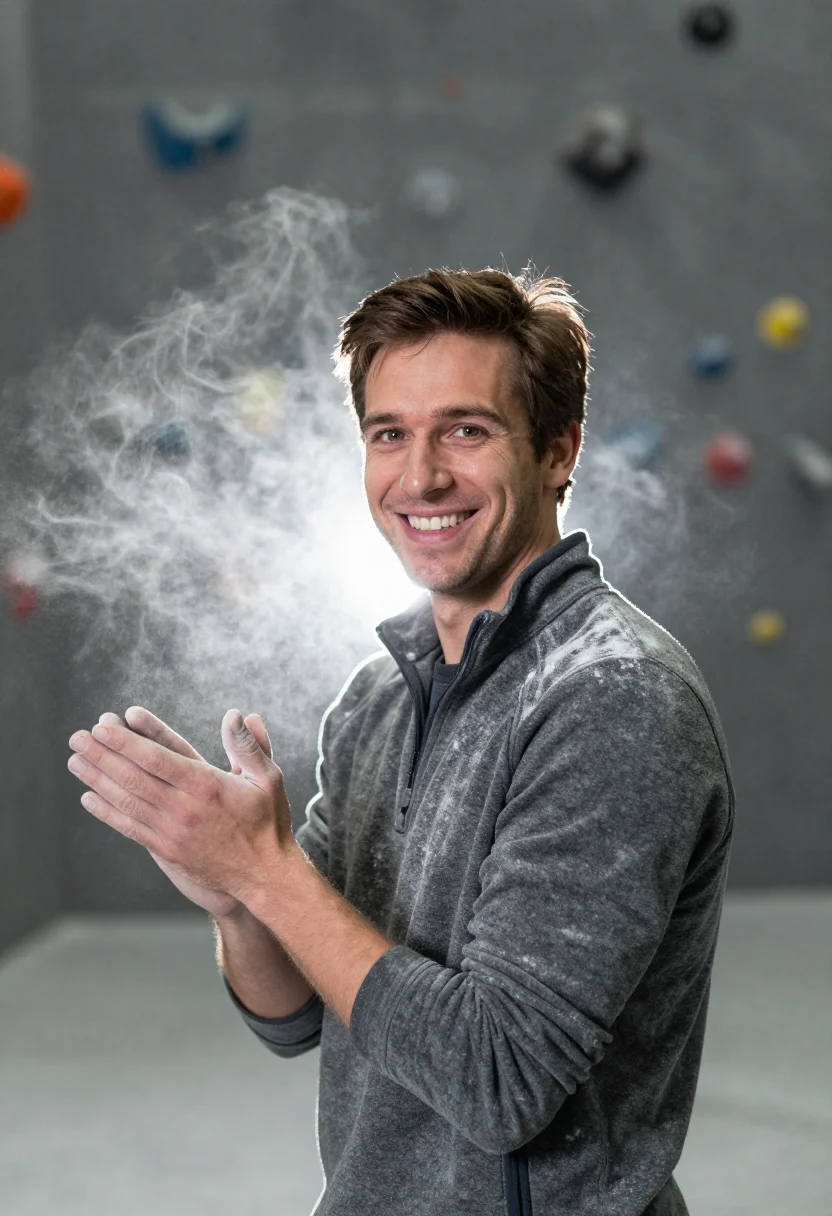 AI bouldering chalk slate sample — portrait of a man, framed chest-up from the ribs with the bo