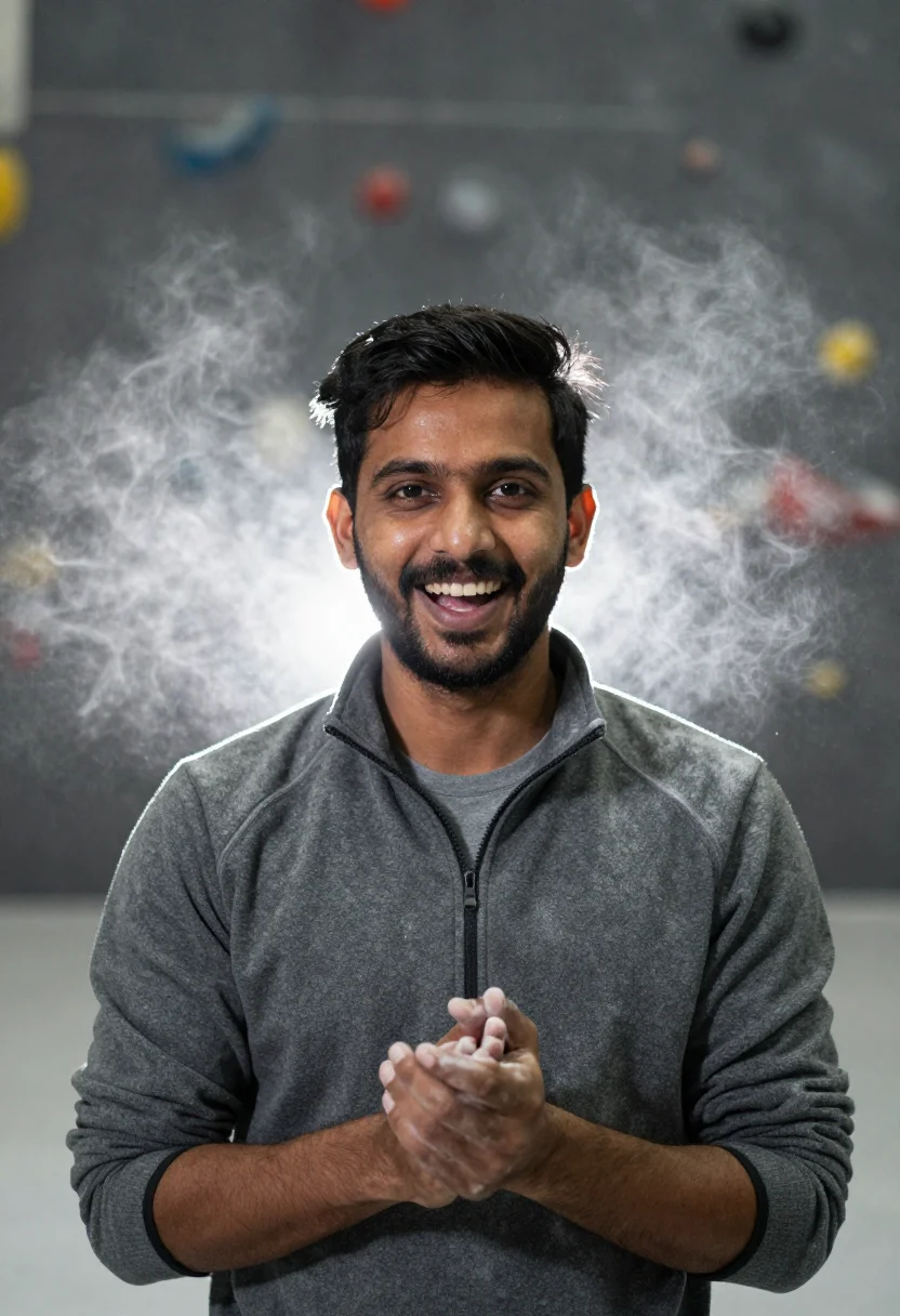 AI bouldering chalk slate sample — portrait of a man, framed chest-up from the ribs with the bo