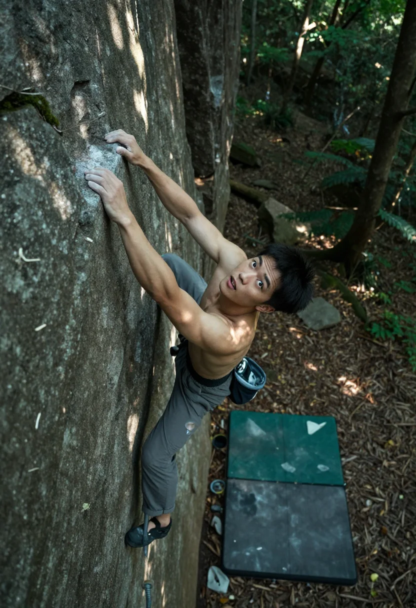 AI bouldering sample — outdoor photograph, full-length portrait from directly above