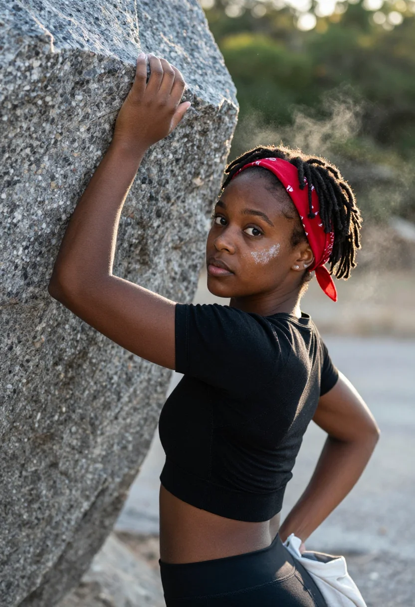 AI bouldering sample — outdoor photograph, tight three-quarter portrait of a Black