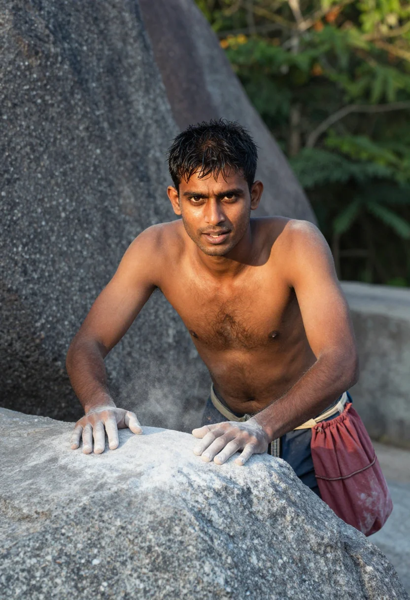 AI bouldering sample — outdoor photograph, tight half-length portrait of a South-As